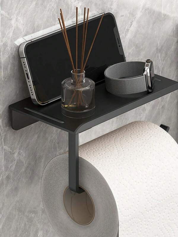 Wall Mounted Adhesive Paper Towel Holder, Wall Mounted Adhesive Phone Holder For Kitchen, Bathroom, 6.7 Inch, Toilet Paper Roll Holder With Storage Rack, Self-Adhesive Tape, Wall Mounted Toilet Paper Holder, Matte Black Located In Paper Towel Storage Rack, Kitchen Storage Rack