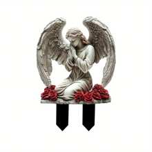 2D Engel Garten Plakette - Klassisches Acryl Rasenschild, betender Engel mit Rosen Ton-Topf Design, wetterfestes Outdoor Dekor für Garten, Friedhof und Landschaftsverschönerung, Märchenstil mit exquisiten Details, 2D Engel Garten Ornament, zufälliger Stil