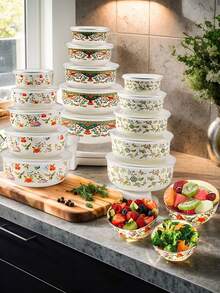 5个彩色搪瓷密封食品储物罐，尺寸分别为10/12/14/16/18厘米，包含带盖的水果蔬菜碗，适用于厨房、圣诞礼物、餐具套装、餐垫、餐具、厨房必备品、家居装饰、烹饪辅助用品，也适合情人节、斋月、开斋节、复活节等节日。 - 彩色 - 查看 5