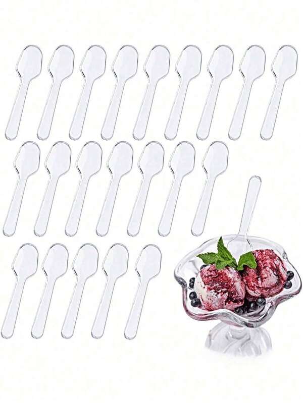 100 pièces de petites cuillères en plastique jetables transparentes, cuillères à crème glacée, cuillères à dessert, cuillères à café pour le service de fête, convenant pour les mariages, fêtes, rassemblements, gâteaux, desserts, dégustation de café et de salade de fruits