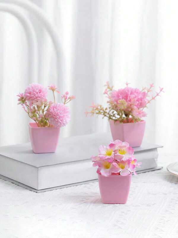 1/3PCS 3-4inch(H) Mini Pink Potted Artificial Flowers For Home, Bedroom, Living Room, Wedding, Birthday, Graduation, Party And Desktop Decoration