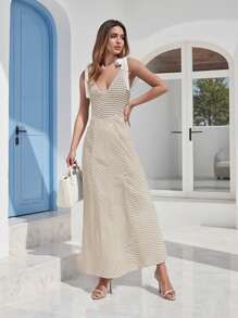 Women Slip Dress, Sleeveless V-Neck Stripes Dress Tie-Up Summer Long Dress For Daily Party