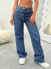 Jeans droits de mi-taille non élastiques de style rétro européen lavés. Nouveau pantalon en jean ample pour femmes, convient pour toutes les saisons - Jean brut - Voir 2