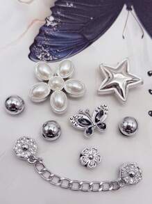 8pcs Silver Casual Fashion Shoe Charms (Pearl Flower, Big Star, Butterfly, Rhinestone Flower), Silver Chain DIY Decorative Accessories, Suitable For Women's Sandals, Slippers, Perforated Shoes, Sandals And Beach Bags - Perfect Gift For Holidays And Special Occasions