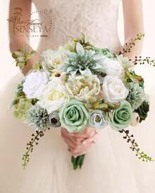 Artificial Flowers Combo, Champagne Silk Roses, Peonies, Dahlias With Stems For DIY Wedding Bouquets, Baby Shower, Table Centerpieces, Home Decor, Fake Floral Arrangements, Party Decorations - Forest Green - 查看 5