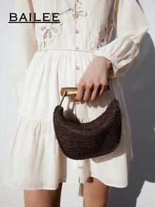 1个新款时尚金属手柄休闲度假风纸编织手提包，简约女士手提包，适合海滩、旅行、假日必备 - 彩色 - 查看 6