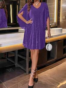 女式时尚派对闪光V领喇叭袖连衣裙 - 紫色 - 查看 4