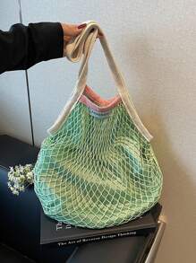 Spacious Rhombic Mesh Woven Shoulder Tote Bag, Women's Summer Versatile Hollow-Out Woven Beach Bag
