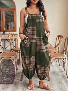 Women's Fashionable Casual Lattice Cuffed Jumpsuit, Loose & Comfortable For Leisure, Beach, Daily Commute, Home, Spring/Summer