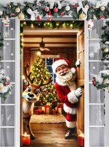 2D Santa Claus And Reindeer Holiday Door Banner, 1pc - Durable Polyester, 70.8x35.4 Inches, Ideal For Home Entrances And Outdoor Christmas Decor