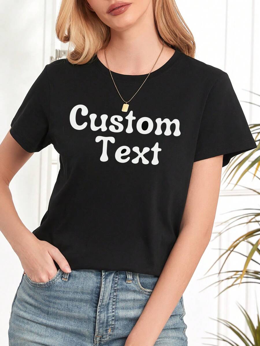 可定制女士短袖 T 恤、个性化图形设计、上传您自己的文字/口号/消息/生日祝福/趣味图形、春夏女士 T 恤、情人节礼物、母亲节礼物、周年纪念礼物、音乐节、婚礼/派对服装、公司制服、节日礼物、团队服装、夏季上衣、慈善/志愿者团体定制制服 - 黑色 - 查看 1