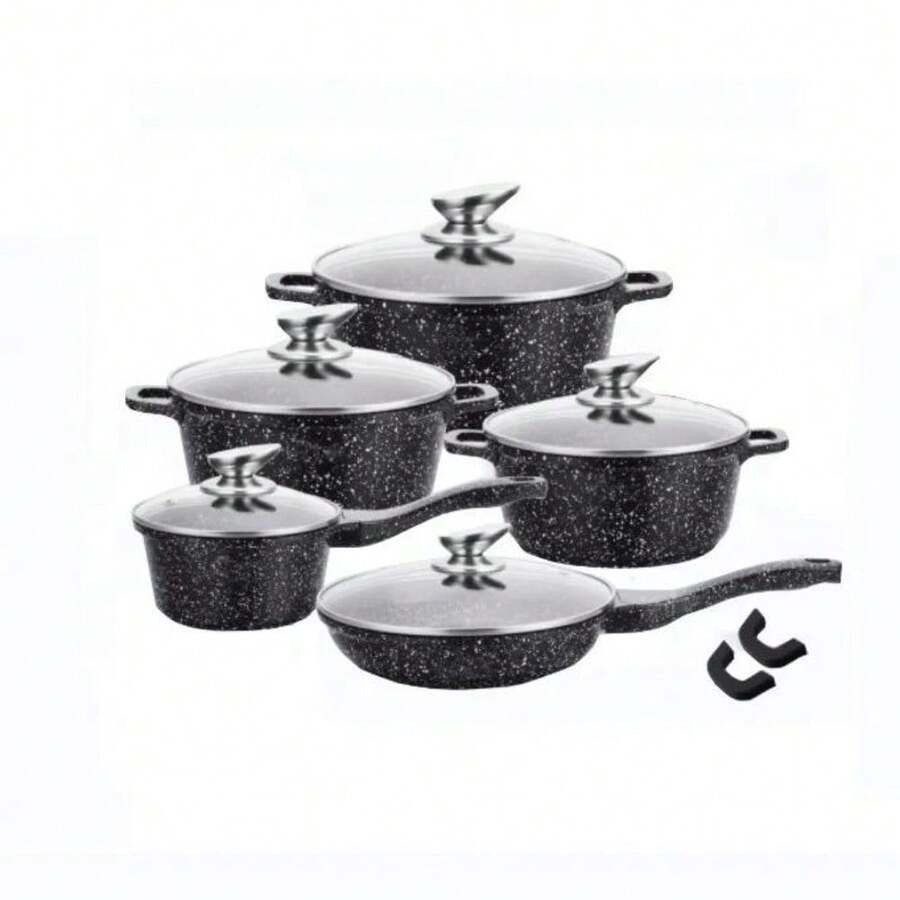 12-Piece Ceramic Non-Stick Cookware Set - Black & Red - Black - View 1