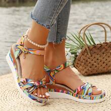 Women's Floral Print Platform Wedge Sandals, With Adjustable Ankle Strap And Buckle - Breathable Fabric Upper, Padded PU Sole - Women Summer Casual Beach Shoes, Beach Sandals, Chunky Platform Shoes, PU Sole Sandals, Ladies Casual Sandals - Multicolor - View 5