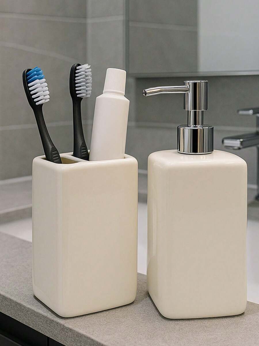 2-Piece Ceramic Bathroom Accessories Kit With Toothbrush Holder And Liquid Soap Holder - 白色 - 查看 1