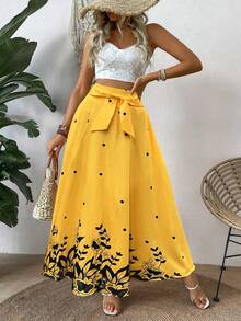 女士休闲假日波点蝴蝶印花系带腰侧口袋开衩长裙 - 黃色 - 查看 7