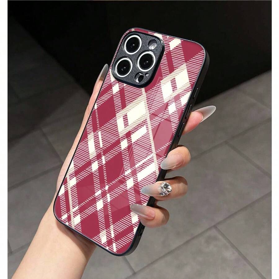 学院风单件装优雅酒红色格纹玻璃材质手机壳,高端时尚设计,兼容 16 Pro / 16 Pro Max / Galaxy A03s / Galaxy A05 / Apple Series / Series - 黑色 - 查看 1