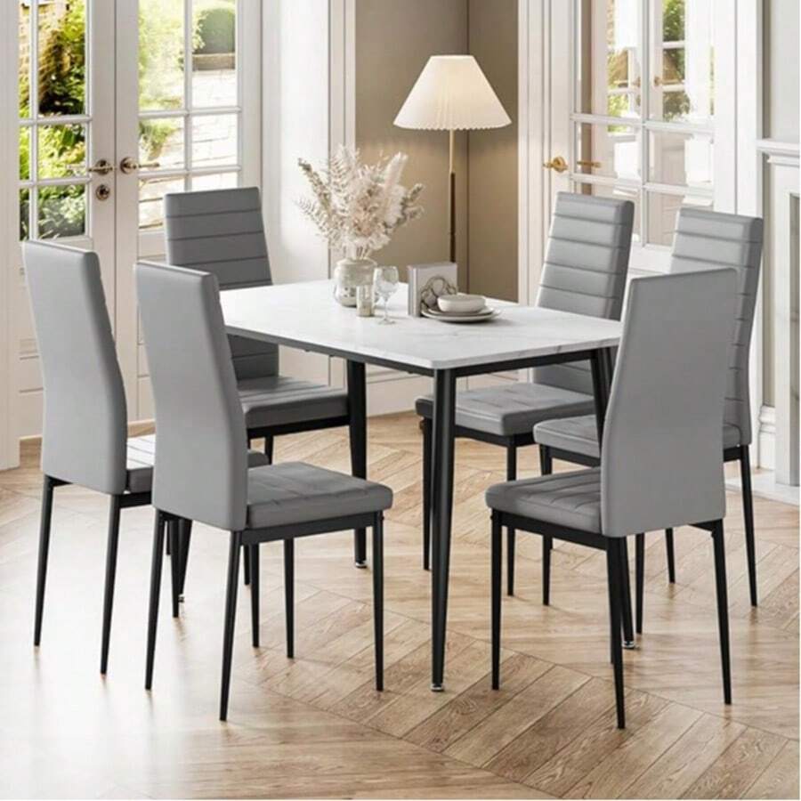 Dining Table And Chairs Set Of 6, 120CM Marble Effect Dining Table With 6 Faux Leather High Back Dining Chairs,Modern Dining Table Set For Home/Kitchen Office (White Table And 6 Grey Chair) - Dark Grey - View 1
