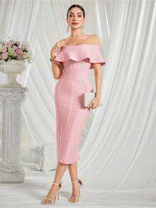 Off Shoulder Women Bandage Dress Wedding Guest Dresses Evening Formal Gown Clubwear Dress - 粉色 - 查看 3