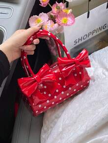 Stylish Red Handbag With Cute Bow & Polka Dot Pattern, Round Cylinder Shaped Crossbody Bag, Boston Pillow Bag, Phone Pouch, Fashionable & Defined For Women, Suitable For Party, Shopping, Dating, Gift - Red - View 2