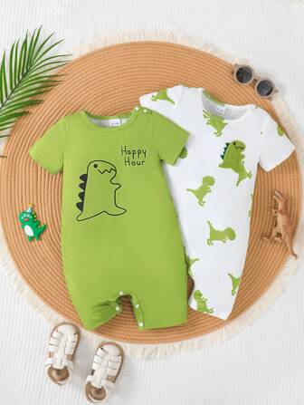 2 件套男婴圆领恐龙刺绣短袖连体衣，春夏季