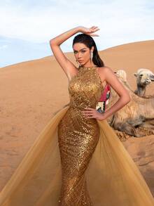 Faeriesty Vestido de noche de gala con halter de cuentas y lentejuelas de estilo lujoso - Bordado de cuentas dramático en el frente con tul transparente en la cola, superposición de red fluida en la espalda para glamour en galas de lujo, fiestas de alta gama y Met Gala - Dorado - Ver 8