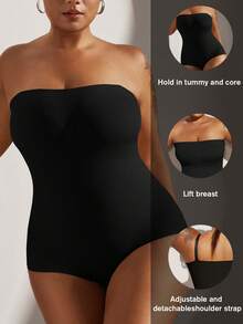 1pc Plus Size Women's Black Seamless Shapewear, With Waist Cincher, Tummy Control, Butt Lifting Function, Flattens Stomach, Slims Figure, Waist Shaping - Black - View 5