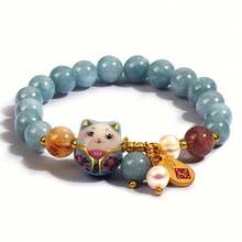Bohemian Style Cute Ladies' Bracelet With Blue Stone Beads, Ceramic Cat Pendant, And Gold Accents - Lightweight And Durable Wristband Suitable For Casual Wear - Mèo may mắn - Xem 5