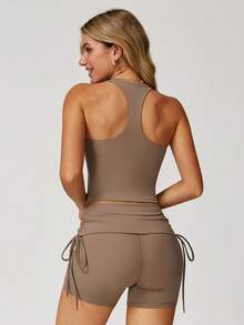 MASKERT "Bộ 2 món" Bộ đồ thể thao nữ, Bộ đồ tập yoga, Bộ đồ thể thao ngoài trời hai mảnh, Bộ áo vest lưng đẹp, Bộ đồ chạy bộ và thể dục co giãn cao, Thường ngày và thoải mái, Thân thiện với da - Màu nâu Sô-cô-la - Xem 2