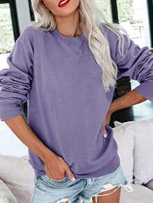 Bingerlily Women Casual Long Sleeve Sporty Sweatshirt, Round Neck Loose Pullover Top - Purple - View 2