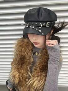 1pc Couple Style Year-Round Unique Design Punk Fashion Leopard Print Pattern Naval Beret Hat With Metal Studs, Leather Buckle, Spider Decoration, Vintage Distressed PU Leather Newsboy Cap