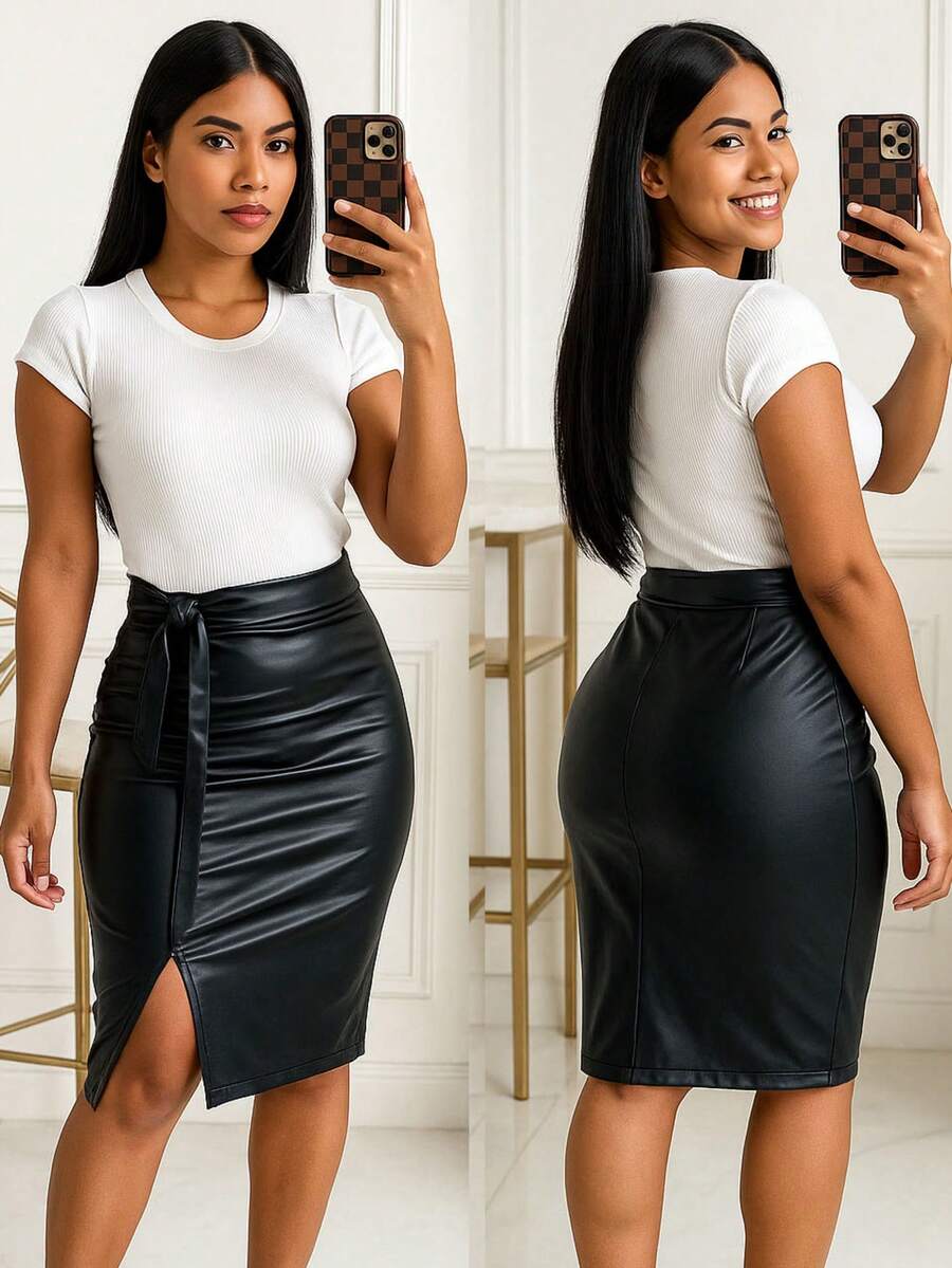 Faux Leather Midi Skirt Slit And Bow Women's Fashion Simple Elegant Party Split Beach - màu đen - Xem 1