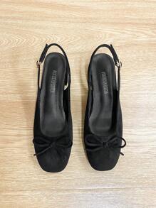 Square Toe Chunky Heels Women Shoes, Versatile Bow Decor Slip-On Flats, Fashionable Loafers, Black Open-Back High Heels. Women's High Heel Pumps, Run One Size Larger.