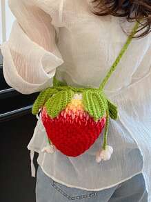 Handmade Crochet Strawberry Handbag, Small Unique Design Hollow Knitting Cross-Body Yarn Bag, Cute And Sweet Key Coin Purse