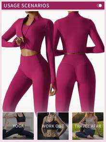 MFVIM Women's Criss Cross Tank Top & High Waist Leggings & Zip Up Jacket Tracksuits Set, Comfy Three Pieces Set For Yoga Gym Running, Athletic Wear, Ladies Sportswear For All Seasons, Activewear, Gym Clothes Women, Workout Sets Women, Legging Fitness, Yoga Pants - 玫瑰紅 - 查看 5