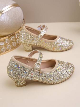 1 par flickskor med färgglada paljetter och kardborreband, eleganta och livliga små höga klackar, dansskor, prinsessskor, festskor, lämpliga att bära året runt, bäst lämpade som barnpresent och julklapp