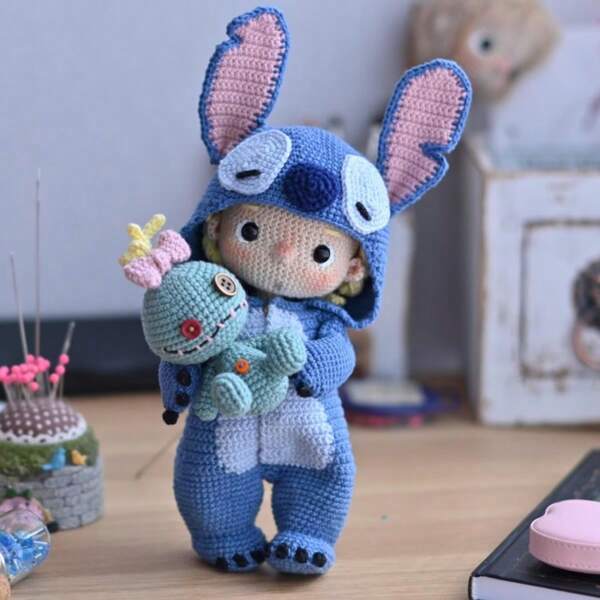 1 Set de Kit de Ganchillo para Muñeco Stitch Niño Lindo, Kit de Artesanía de Ganchillo para Principiantes con Juego de Artesanía de Hilo de Animales, Incluye Instrucciones Detalladas y Tutoriales de Video, Ideal para Principiantes de Ganchillo