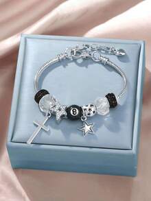 1pc New Leopard & Snake Bone Pattern Cross & Star Pendant Bracelet, Suitable For Daily Wear & Holiday Gift - Gold - View 9