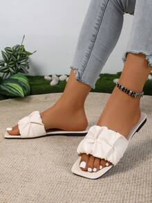 Women's New Elegant Graceful Pleated Slip-On Sandals, Cute Lightweight Flat Slide Sandals For Beach, Vacation & Casual Wear, Fashion Open Toe Summer Slippers - White - View 6