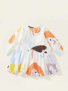Loose A-Line Long Sleeve Knee-Length Dress, Casual For Gaming And Vacation, Featuring Random Cartoon Prints, Cute Princess Dress, Suitable For Young Girls, Fashionable Design With Vibrant Colors