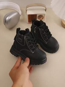 儿童靴子秋冬新款系带拉链款时尚大方轻便户外登山靴 - 黑色 - 查看 6