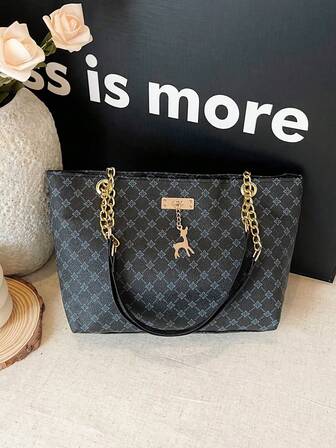 1 件涤纶鹿装饰大容量拉链闭合时尚单肩托特包，适合女性日常使用