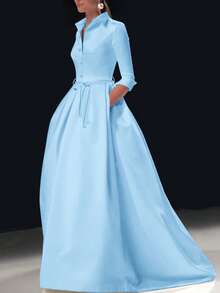 优雅纯色口袋翻领连衣裙 春季 - 淺藍色 - 查看 3