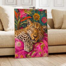 1pc, Canvas Hanging Picture, Framed, Vibrant Lion And Leopard Canvas Poster, Modern Art Wall Decor With Floral And Animal Patterns For Living Room, Bedroom, Bathroom, Home Office - Stylish Interior Home Decor, Room Decor