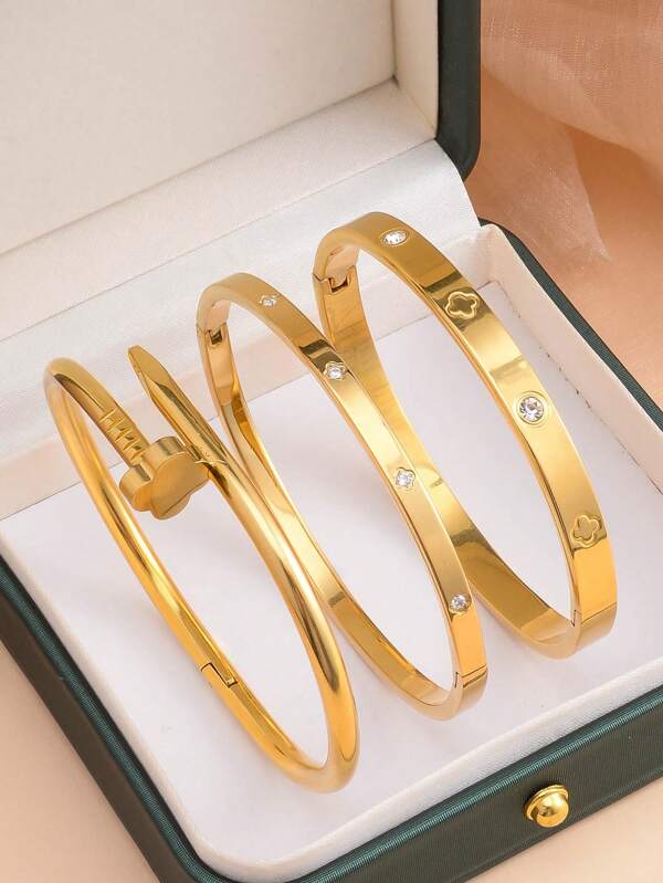 3 peças/conjunto de pulseiras de zircônia cúbica coloridas de luxo à prova d'água, pulseira aberta de aço inoxidável banhada a 18k, joias da moda femininas