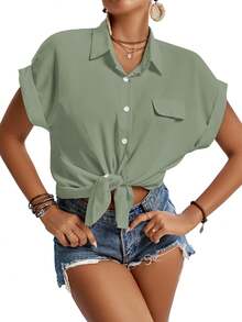 Women's Casual Collared Cap Sleeves Shirt Button Down Work Blouse Tops With Pockets - 黃綠色 - 查看 5