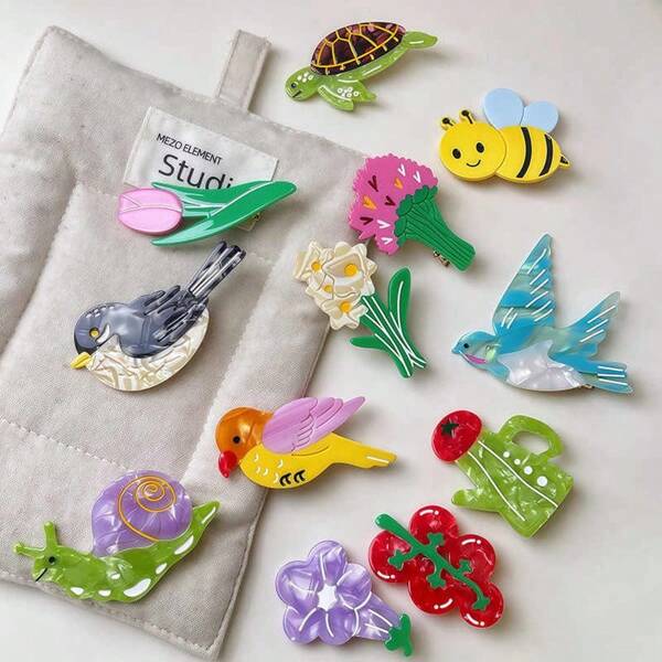 Schattige mini-haarspeldjes met vogelmotief, acryl zijklem, cartoonfruitklemmen met strass-decoratie, modieuze, schattige bloemenhaaraccessoires, geschikt voor studenten, platte klauwklem, alligatorhaarklem, haarspeld, haarklemmen, schoolspullen
