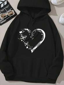 Butterfly Heart Sweatshirt, Cute Casual Blogger Model, 100% Cotton, Comfort Flannel - Black - View 2