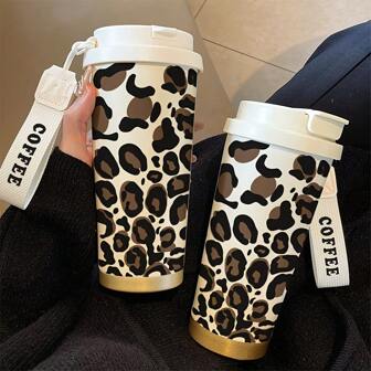 500ml Leopard Print Water Cup, Stainless Steel Insulated Coffee Cup New Highly Attractive Portable Men And Women Water Cup Car Straw Cup Christmas Gift Birthday Gift