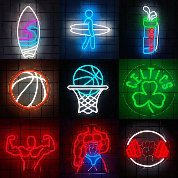 Surfboard/Surfer/Golf/Basketball/Celtics/Muscle Warrior/Dumbbell Neon Signs,Sports Theme Neon Lights LED Lighting Sign,For Bedroom, Summer Party, Man Cave, Garage, Game Room, Club, Shop, Bar, Gym Wall Art Decor, USB Powered, Switch Control, Easy To Install.