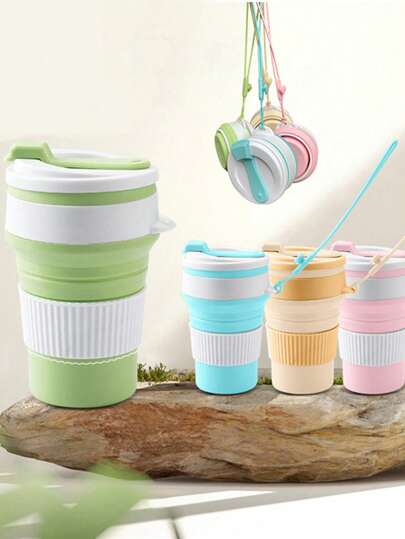 1 pieza de Taza de viaje plegable de silicona con capacidad de 350ML, taza plegable reutilizable con tapa, set de agua potable extensible, portátil, de tamaño de bolsillo, adecuado para camping y excursiones al aire libre